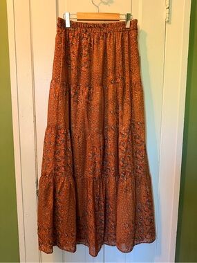 Elan Rust Orange Floral Tiered Maxi Boho Skirt